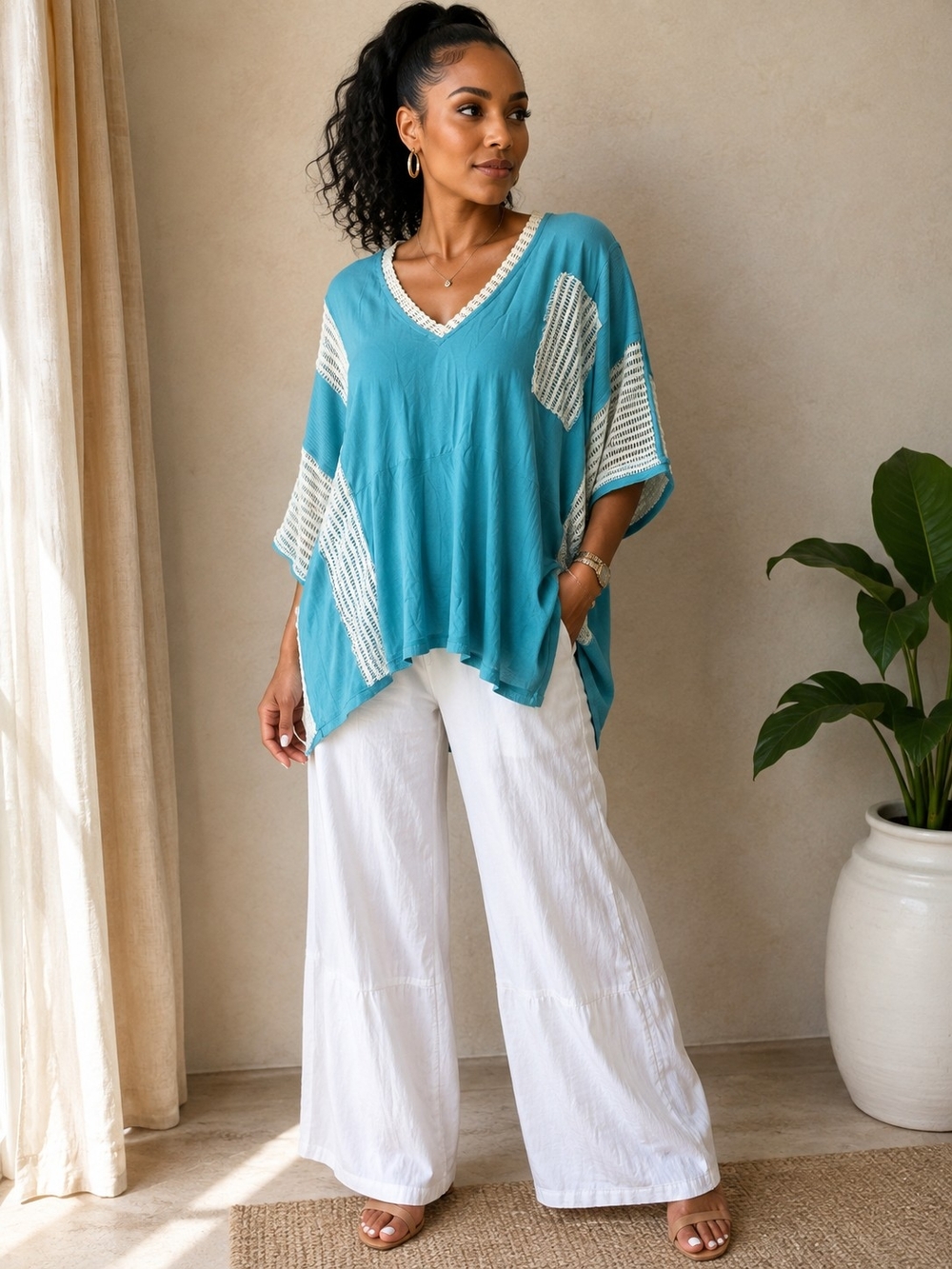 Pol New Lightweight Teal V-Neck Poncho Top with Crochet Trim